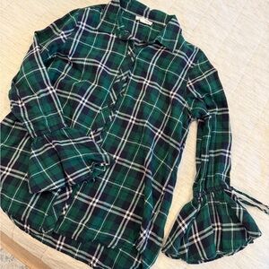 Green and Navy Plaid Shirt with Flare Sleeves
